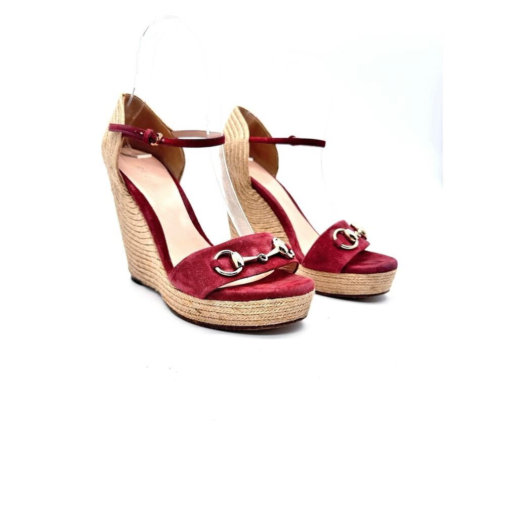 Gucci Horsebit Red Suede Espadrille Wedge Sandals EU 37